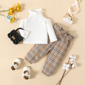 3pcs Baby Girl Rib Knit Halter Off Shoulder Long-sleeve Top and Plaid Paperbag Waist Pants Set