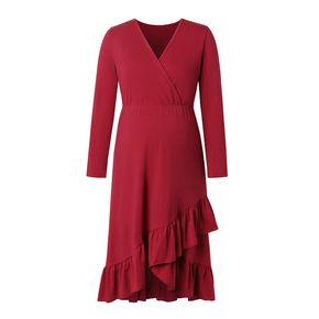 Maternity Ruffle Hem Red Long-sleeve Dress
