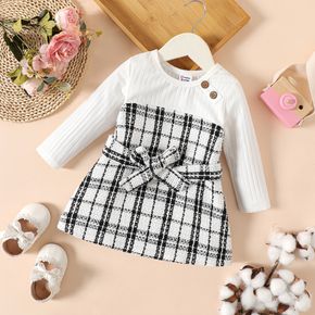 Baby Girl Rib Knit Spliced Plaid Tweed Belted Long-sleeve Dress