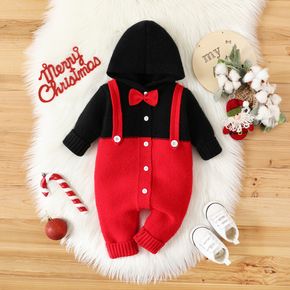 Christmas Baby Boy/Girl Bow Tie Decor Colorblock Knitted Hooded Long-sleeve Jumpsuit