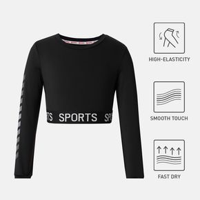 Activewear Kid Girtl Leter Print Long-sleeve Black Crop Tee
