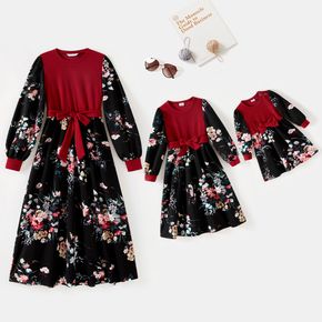 Mommy and Me Rib Knit Spliced Floral Print Long-sleeve Belted Midi Dress