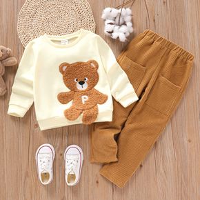 2pcs Toddler Boy Bear Embroidered Pullover Sweatshirt and Brown Pants Set
