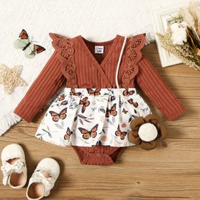 Baby Girl Lace Detail Rib Knit Spliced Butterfly Print Long-sleeve Romper