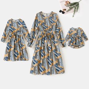 Mommy and Me Allover Geo Print Belted Long-sleeve Midi Dress