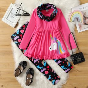 2pcs Kid Girl Unicorn Print Ruffled Long-sleeve Pink Tee & Allover Print Leggings and Scarf Set
