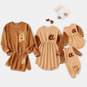 Family Matching Letter Embroidered Colorblock Textured Drop Shoulder Long-sleeve Dresses and Sweatshirts Sets