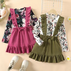 2pcs Kid Girl Floral Print Long-sleeve Tee and Bowknot Design Ruffled Suspender Skirt Set