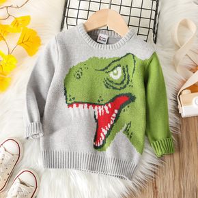 Toddler Boy Playful Dinosaur Patern Colorblock Knit Sweater