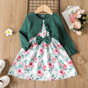 Toddler Girl Faux-two Floral Print Bowknot Design Ruffled Long-sleeve Dress