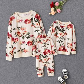 Allover Floral Print Round Neck Long-sleeve Sweatshirts for Mom and Me