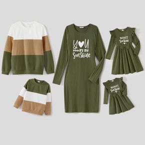 Family Matching Long-sleeve Heart & Letter Print Rib Knit Dresses and Colorblock Sweatshirts Sets