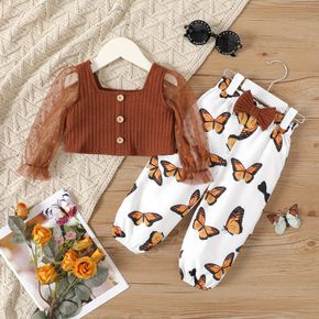 2pcs Baby Girl Polka Dot Mesh Long-sleeve Spliced Rib Knit Crop Top and Allover Butterfly Print Pants Set