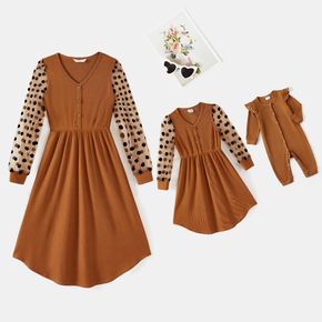 Polka Dot Mesh Long-sleeve Spliced Rib Knit V Neck Button Front Dress for Mom and Me