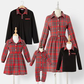 Family Matching Long-sleeve Red Plaid Button Front Shirt Dresses and Polo Shirts Sets