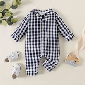 Baby 100% Cotton Plaid Lapel Collar Long-sleeve Grey Jumpsuit Pajamas