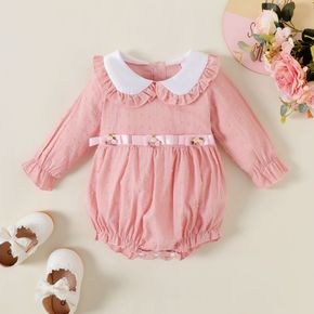 Baby Girl 100% Cotton Jacquard Dots Doll Collar Long-sleeve Pink Romper