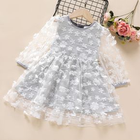 Toddler Girl 3D Floral Mesh Layered Long-sleeve Grey Dress