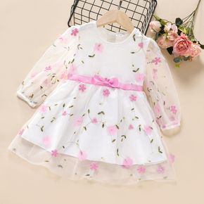 Toddler Girl 3D Floral Mesh Layered Embroidered Long-sleeve White Dress