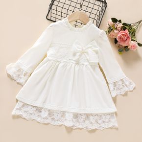Toddler Girl Solid Lace Layered Ruffle Decor Long-sleeve White Dress