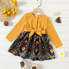Toddler Girl Exotic Button Design Geo Print Splice Belted Long-sleeve Dress