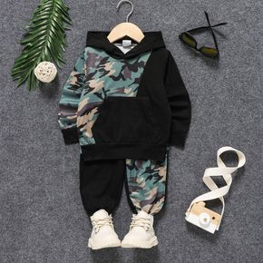 2pcs Toddler Boy Camouflage Print Colorblock Hoodie Sweatshirt and Pants Set