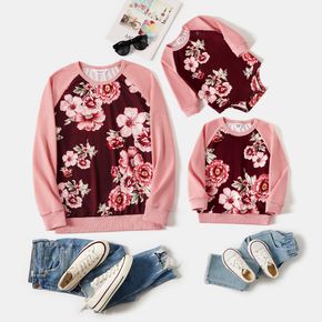 Pink Raglan-sleeve Spliced Floral Print Sweatshirts for Mom and Me