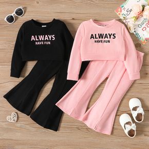 2pcs Toddler Girl Letter Print Waffle Crop Sweatshirt and Flared Pants Set