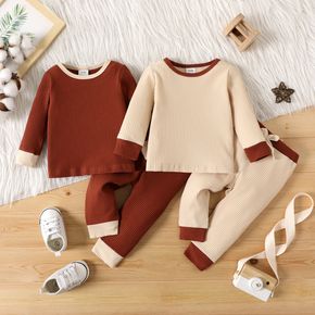 2pcs Baby Boy/Girl Contrast Binding Rib Knit Long-sleeve Pullover and Pants Set
