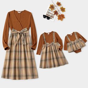 Mommy and Me Long-sleeve Solid Rib Knit Spliced Plaid Dress