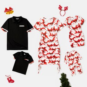 Christmas Family Matching 95% Cotton Short-sleeve Polo Shirts and Allover Santa Claus Print Drawstring Ruched Bodycon Dresses Sets