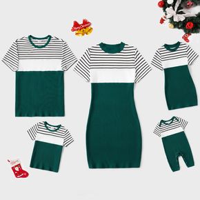 Family Matching Striped Colorblock Spliced Rib Knit Short-sleeve Bodycon Dresses and Tops Sets