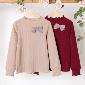 Kid Girl 3D Bowknot Design Cable Knit Textured Mock Neck Long-sleeve Tee