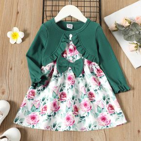 Toddler Girl Faux-two Floral Print Bowknot Design Ruffled Long-sleeve Dress