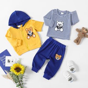 Baby 3pcs Bear Applique Striped Long-sleeve T-shirt Top and Hooded Color Block Coat Jacket and Sweatpants Ginger and Blue Set