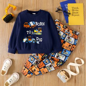 2pcs Toddler Boy Letter Excavator Print Pullover Sweatshirt and Elasticized Pants Set