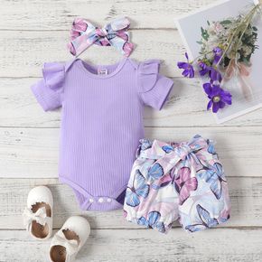 3pcs Baby Girl Ribbed Romper & Belted Shorts & Headband Set