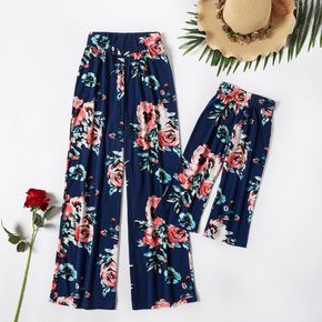 All Over Floral Print Dark Blue Casual Wide Leg Pants for Mom and Me