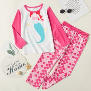 2-piece Kid Girl Mermaid Print Long-sleeve Top and Fish Scales Print Pants Sleepwear Pajamas Set