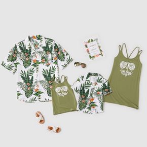 Holiday Style Green Series Family Matching Tops(Cross Back Design Sleeveless Tops for Mom and Girl ; Floral Print Button Front Shirts for Dad and Boy)
