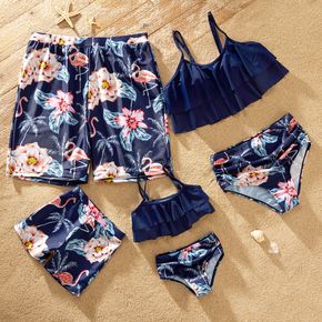 Family Look Solid Ruffle Top Floral Print Shorts Matching Swimsuit