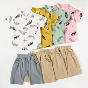2 pezzi baby boy 95% cotone a maniche corte all over stampa piuma camicia button up e pantaloncini solidi set