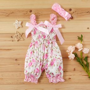 2pcs Shirred Floral Print Lace and Bowknot Decor Sleeveless Baby Set