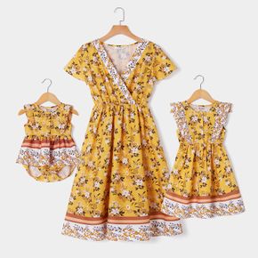 Floral Print Matching Yellow Midi Dresses