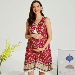 Maternity Bohemia Floral Print Round collar A Sleeveless Dress