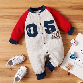 Baseball and Number Print Color Block Long-sleeve Fleece-lining Baby Jumpsuit