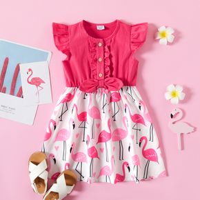 Toddler Girl Bowknot Flamingo Ruffle-sleeve Dress