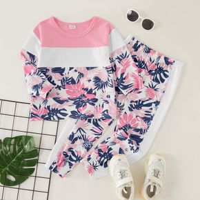 2-piece Toddler Girl Leaf Print Colorblack Long-sleeve Top and Elasticized Pants Casual Set