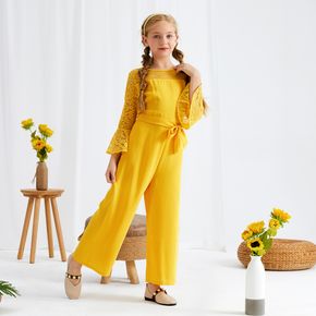 Kid Girl Flower Embroidery Lace Hollow out Bell sleeves (Multi Color Available) Jumpsuits with Belt
