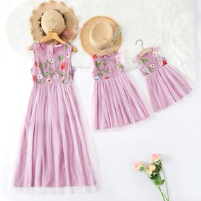 Floral Embroidery Sleeveless Matching Pink Midi Tank Dresses